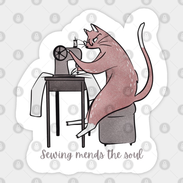 LADY CAT SEWING MENDS THE SOUL Sticker by Rightshirt